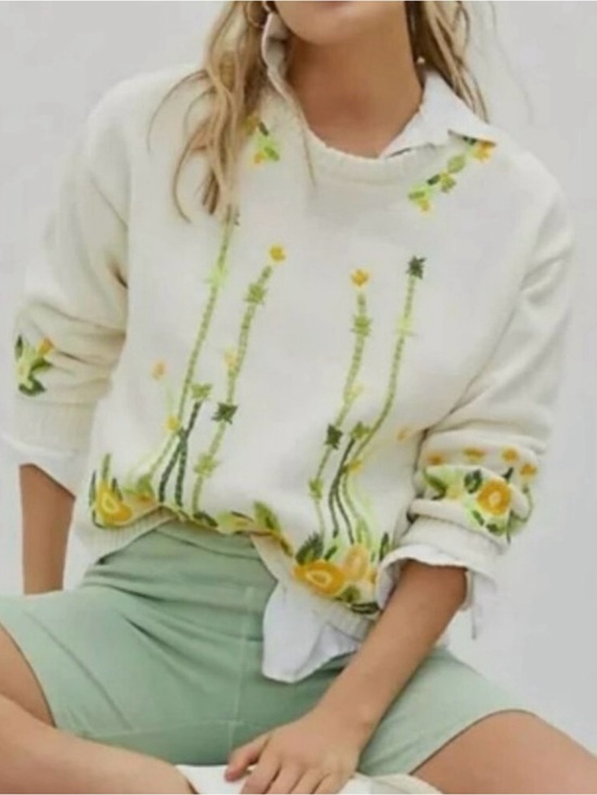 Anthropologie Sweaters - Tiny by Anthropologie Cream Sweater with Yellow & Green Floral Embroidery